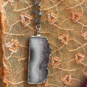 Crystal Amethyst Necklace w/ Long Chain & Beads